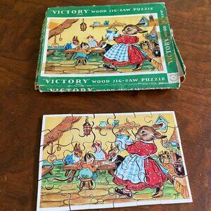 Victory Wooden Jigsaw Puzzle Rabbits and Elves eating Pie vintage made in Englan